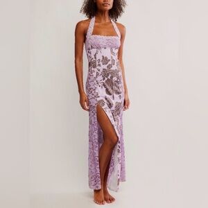 #1008 Free People love you most printed maxi slip-dress with High Slit